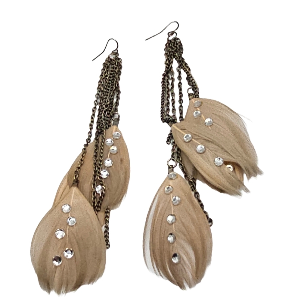 Feather and Chain Drop Earrings with Rhinestones